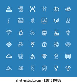 Editable 36 diamond icons for web and mobile. Set of diamond included icons line Mining, Necklace, Playing cards, Ace, Ring, Triangle, Chest, Diamond, Honeymoon on blue background