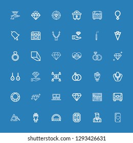 Editable 36 diamond icons for web and mobile. Set of diamond included icons line Ace, Croupier, Gem, Ring, Bouquet, Triangle, Chest, Treasure, Diamond, Mine on blue background