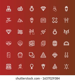 Editable 36 diamond icons for web and mobile. Set of diamond included icons line Diamond, Triangle, Bouquet, Necklace, Hipster, Earrings, Rings, Minerals, Bride, Ace, Ring on red