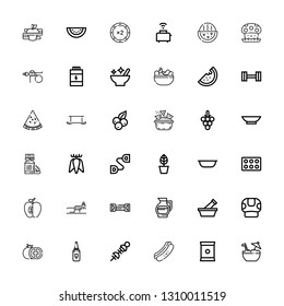 Editable 36 diet icons for web and mobile. Set of diet included icons line Coconut, Chips, Hot dog, Vegetables, Mayonnaise, Tomato, Mushroom, Mortar, Lemonade on white background