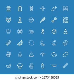 Editable 36 diet icons for web and mobile. Set of diet included icons line Chocolate, Bowl, Aubergine, Cupcake, Mushroom, Mortar, Peanut, Peach, Fitness, Watermelon on blue background