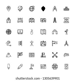 Editable 36 direction icons for web and mobile. Set of direction included icons line Gps, Spotlight, Map, Flag, Marker, Mouse, Arrows, Flags, Compass, Pins on white background
