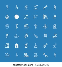 Editable 36 dirt icons for web and mobile. Set of dirt included icons line Plant, Shovel, Sprout, Broom, Scratching, Plants, Dustpan, Soil, Dust on blue background