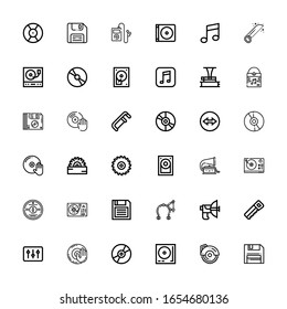 Editable 36 disc icons for web and mobile. Set of disc included icons line Diskette, Circular saw, Turntable, Compact disc, Dj music, DJ, Saw, Parabolic, Brake on white background