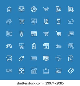 Editable 36 discount icons for web and mobile. Set of discount included icons line Label, Store, Shopping, Shop, Reduce, Discount, Offer, Online store, Online shop on blue background