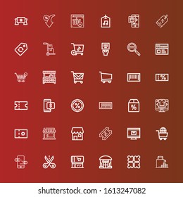 Editable 36 discount icons for web and mobile. Set of discount included icons line Shopping, Reduce, Shop, Supermarket, Cut, Online store, Shopping cart, Online shop, Coupon on red