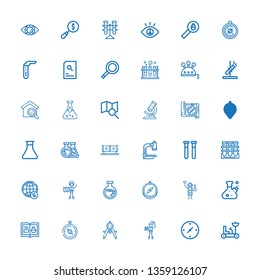 Editable 36 discovery icons for web and mobile. Set of discovery included icons line Moon rover, Cardinal points, Explorer, Compass, Chemistry, Flask, Scientist on white background