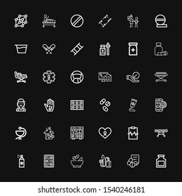 Editable 36 disease icons for web and mobile. Set of disease included icons line Drug, Medical prescription, Pressure, Medicines, Pills, Insecticide, Stretcher on black background