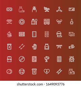 Editable 36 disease icons for web and mobile. Set of disease included icons line Medicines, Stretcher, Cancer, Medicine, Pills, Fleas, Drug, Pharmacy, Pill, Cardiogram on red