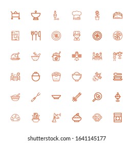 Editable 36 dish icons for web and mobile. Set of dish included icons line Baby food, Dish, Porridge, Satellite Soup, Onigiri, Pot, Fried egg, Chopsticks on white background