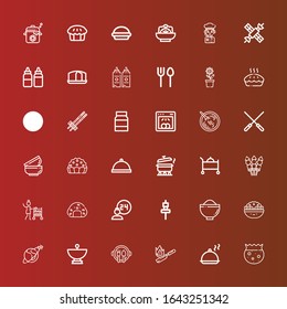 Editable 36 dish icons for web and mobile. Set of dish included icons line Bowl, Salver, Flambe, Dish, Satellite Satellite, Salad, Skewer, Room service, Onigiri, Pot on red