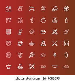 Editable 36 dish icons for web and mobile. Set of dish included icons line Tray, Bowl, Croquette, Drumsticks, Pie, Satellite dish, Kebab, Skewer, Croissant, Fried egg, Salad on red