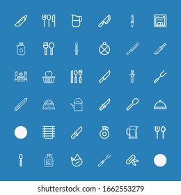 Bearbeitbar 36 Dishware Icons für Web und Mobile. Set mit Geschirr inklusive Ikonen Linie Knife, Gabel, Canteen, Spoon, Cutlery, Pitcher, Plates, Dinner, Teapot, Plate auf blauem Hintergrund