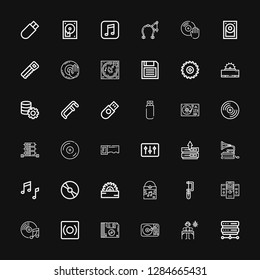 Editable 36 disk icons for web and mobile. Set of disk included icons line Server, DJ, Turntable, Floppy disk, Record, Music, Servers, Saw, Vinyl, Cd, Gramophone on black background