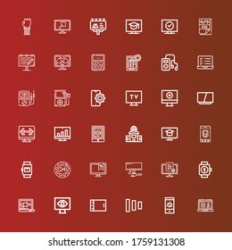 Editable 36 display icons for web and mobile. Set of display included icons line Laptop, Mobile, Fade buttons, Tablet, Monitoring, Smartwatch, Tv, Monitor, Dial, Computer on red