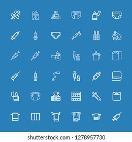 Editable 36 disposable icons for web and mobile. Set of disposable included icons line Syringe, Towel, Tissue, Needle, Break, Diaper, Lighter, Vaccine, Towels on blue background