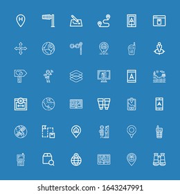 Editable 36 distance icons for web and mobile. Set of distance included icons line Binoculars, Location, Gps, Localize, Walkie talkie, Height, Route, Navigation on blue background