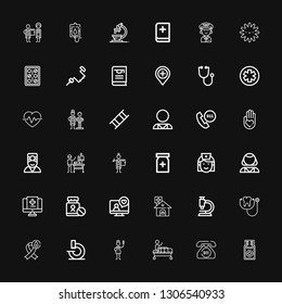 Editable 36 doctor icons for web and mobile. Set of doctor included icons line Medicine, Emergency call, Gurney, Nurse, Microscope, Blood donation, Stethoscope on black background