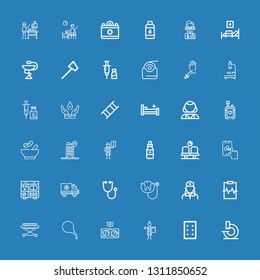 Editable 36 doctor icons for web and mobile. Set of doctor included icons line Microscope, Pills, Doctor, Pressure, Enema, Stretcher, Cardiogram, Nurse, Stethoscope on blue background