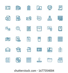 Editable 36 document icons for web and mobile. Set of document included icons line Typewriter, Folder, Stamp, Archive, Safecopy backup, Newspaper, ID, Identification on white background