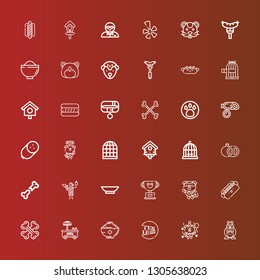 Editable 36 dog icons for web and mobile. Set of dog included icons line Hamster, Dog, New york, Bowl, Hot Bones, Pet, Veterinarian, Bone, Grenade, Bird cage, Bird house on red
