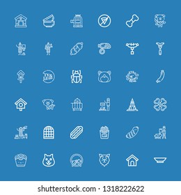 Editable 36 dog icons for web and mobile. Set of dog included icons line Bowl, Dog house, Wolf, Hamster ball, Onion rings, Veterinarian, Sausage, Fries on blue background