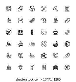 Editable 36 dog icons for web and mobile. Set of dog included icons line Bones, Bird cage, Bone, Sausage, Bird house, Cage, Dog, house, Veterinarian, Yelp on white background
