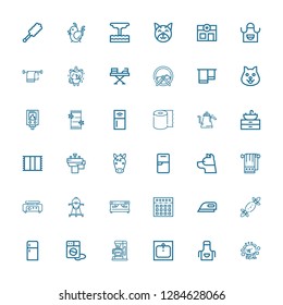 Editable 36 domestic icons for web and mobile. Set of domestic included icons line Dog, Apron, Sink, Coffee machine, Washing machine, Fridge, Tissues, Ironing on white background