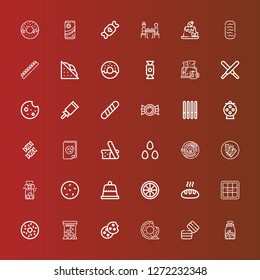 Editable 36 donut icons for web and mobile. Set of donut included icons line Cookies, Macaron, Donut, Cookie, Snack, Doughnut, Waffle, Bread, Candy, Dessert, Chocolate bar on red
