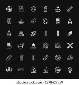 Editable 36 donut icons for web and mobile. Set of donut included icons line Candy, Donut, Fast food, Bread, Chocolate bar, Cookie, Bagel, Hotdog, Chocolate on black background