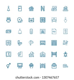 Editable 36 door icons for web and mobile. Set of door included icons line House, Portable fridge, Doors, Handle, Doormat, Genders, Bell, Gate, Garage, House key on white background