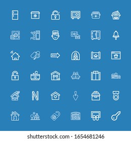 Editable 36 door icons for web and mobile. Set of door included icons line Keyword, Doormat, Hangar, Door hanger, House, Home, Toilet, Portable fridge, Trowel on blue background