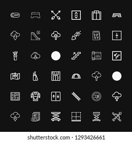 Editable 36 down icons for web and mobile. Set of down included icons line Arrow, Lift, Bottom, Elevator, Pdf, Download, Upload, Thumb down, Ladder, Tunic on black background