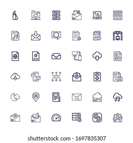Editable 36 download icons for web and mobile. Set of download included icons line Email, Safecopy backup, Server, Speedometer, Music file, Cloud server, Text lines on white background