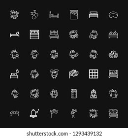 Editable 36 Dream Icons For Web And Mobile. Set Of Dream Included Icons Line Bed, Unicorn, Lullaby, Eye Mask, Snooze, Native American, Mattress, Blanket, Double Bed On Black Background