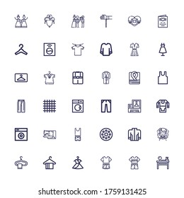 Editable 36 dress icons for web and mobile. Set of dress included icons line Dressing table, Clothes, Dress, Hanger, Bride, Jacket, Bobbin, Sewing machine on white background