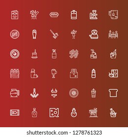 Editable 36 drink icons for web and mobile. Set of drink included icons line Beer, Coffee shop, Potion, Cheese, Brandy, Canned food, Toast, Ice coffee, Chinese food, Bikini on red