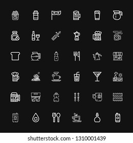 Editable 36 drink icons for web and mobile. Set of drink included icons line Energy drink, Potion, Tea, Utensils, Water, Bacon, Brochette, Beer, Beach on black background