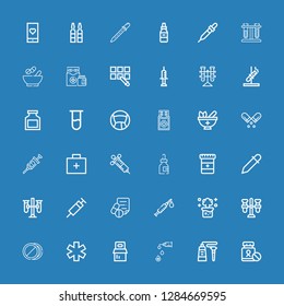 Editable 36 drug icons for web and mobile. Set of drug included icons line Medicine, Tube, Syringe, Pills, Test tube, Chemical reaction, Medical prescription on blue background