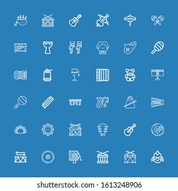 Editable 36 drum icons for web and mobile. Set of drum included icons line Punk, Drum, Barrel organ, Cymbal, Dj music, Guitar, Tambourine, Xylophone, Cowbell on blue background