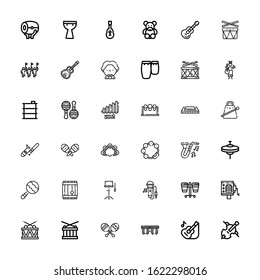 Editable 36 drum icons for web and mobile. Set of drum included icons line Cello, Guitar, Bongos, Maracas, Drum, Barrel organ, Singing, Orchestra, Barrel, Maraca on white background