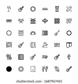 Editable 36 drum icons for web and mobile. Set of drum included icons line Mandolin, Maraca, Parade, Cajon, Tambourine, Guitar, Xylophone, Accordion, Maracas on white background