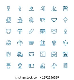 Editable 36 dry icons for web and mobile. Set of dry included icons line Washing machine, Cactus, Vacuum, Machine, Umbrella, Diaper, Log, Side up, Laundry on white background