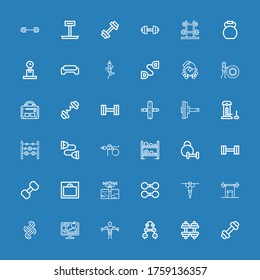 Bearbeitbar 36 Hantel Icons für Web und Mobile. Satz Hantel inklusive der Ikonen Linie Gewicht, Dumbell, Barbell, Fitness, Lifestyle, Gewichtsannahme, Brustexpander auf blauem Hintergrund