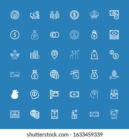 Editable 36 earning icons for web and mobile. Set of earning included icons line Money, Coins, Coin, Sign, Money bag, Cheque, Euro on blue background