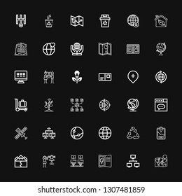 Editable 36 earth icons for web and mobile. Set of earth included icons line Map, Network, Postcard, Communications, Satellite, Earthquake, Gps, Recycle, Globe on black background