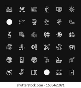 Editable 36 earth icons for web and mobile. Set of earth included icons line Eco fuel, Communications, Recycling, Map, Sprout, Asteroid, Satellite, Earthquake on black background