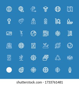 Editable 36 earth icons for web and mobile. Set of earth included icons line Venus, World, Terra, Earth grid, Global, Recycling, Networking, Recycle, Website on blue background