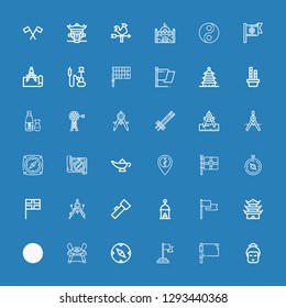 Editable 36 east icons for web and mobile. Set of east included icons line Geisha, Flag, Compass, Samurai, Pagoda, Lantern, Magic lamp, Chopsticks, Vane, Sake on blue background
