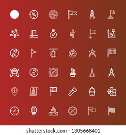 Editable 36 east icons for web and mobile. Set of east included icons line Flag, Compass, Lantern, Cardinal points, Bamboo, Geisha, Pacifism, Yin yang, Samurai, Hookah on red